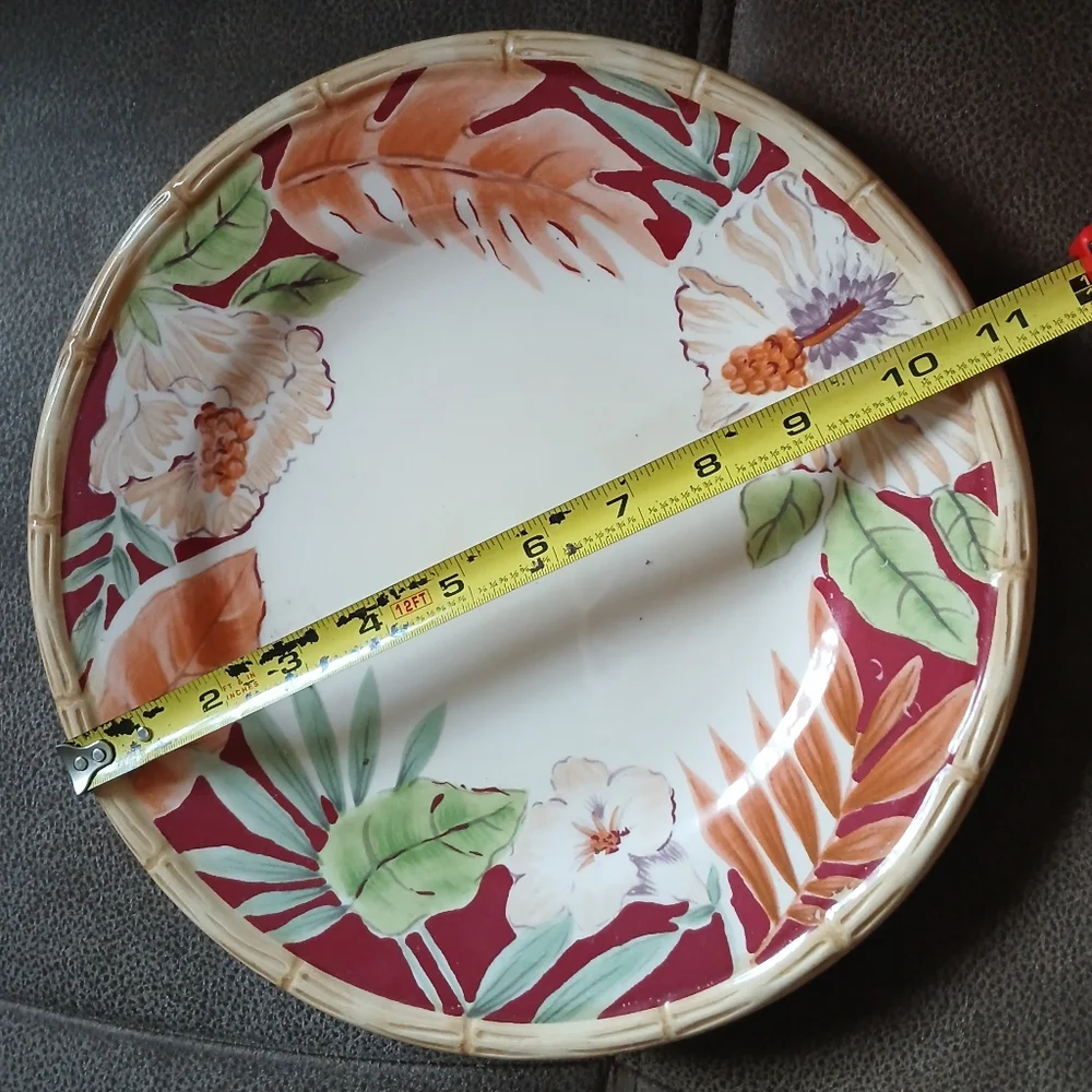 Home Trends Hibiscus And Bamboo Dinner Plate Burgundy, Cream And Green
